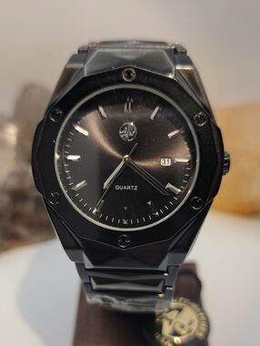 NEW⌚️AJ Quality Watches Gloss Black Quartz Men’s 45.5mm Watch Black Sunray Dial